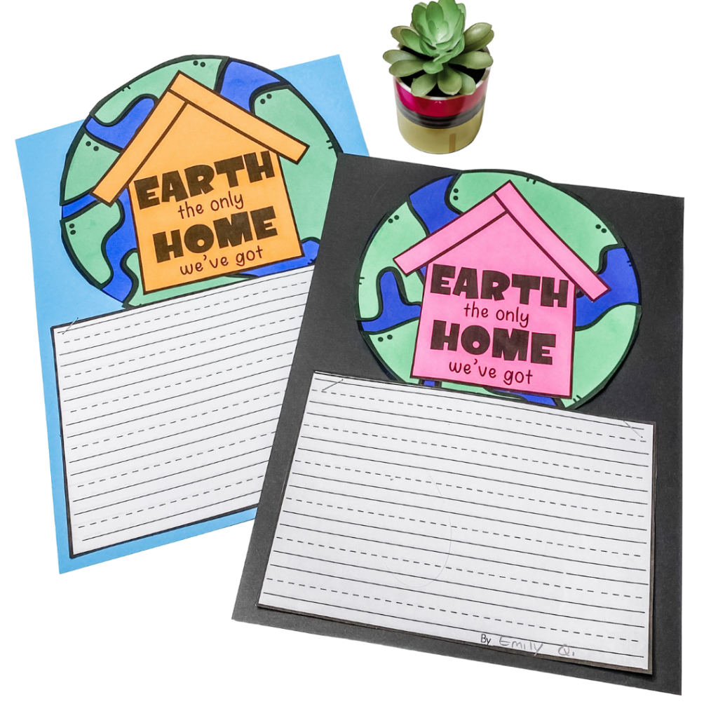 A picture of a craft and spring writing activities for Earth Day.