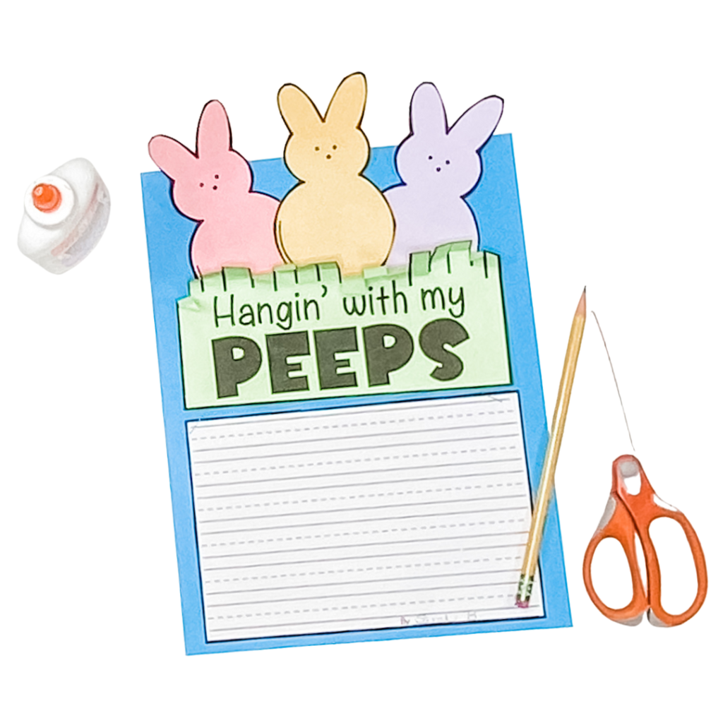 A photo of a completed spring writing activities and craft with peeps.