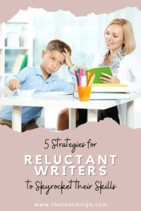 A Pinterest pin with a young boy who is reluctant to write.