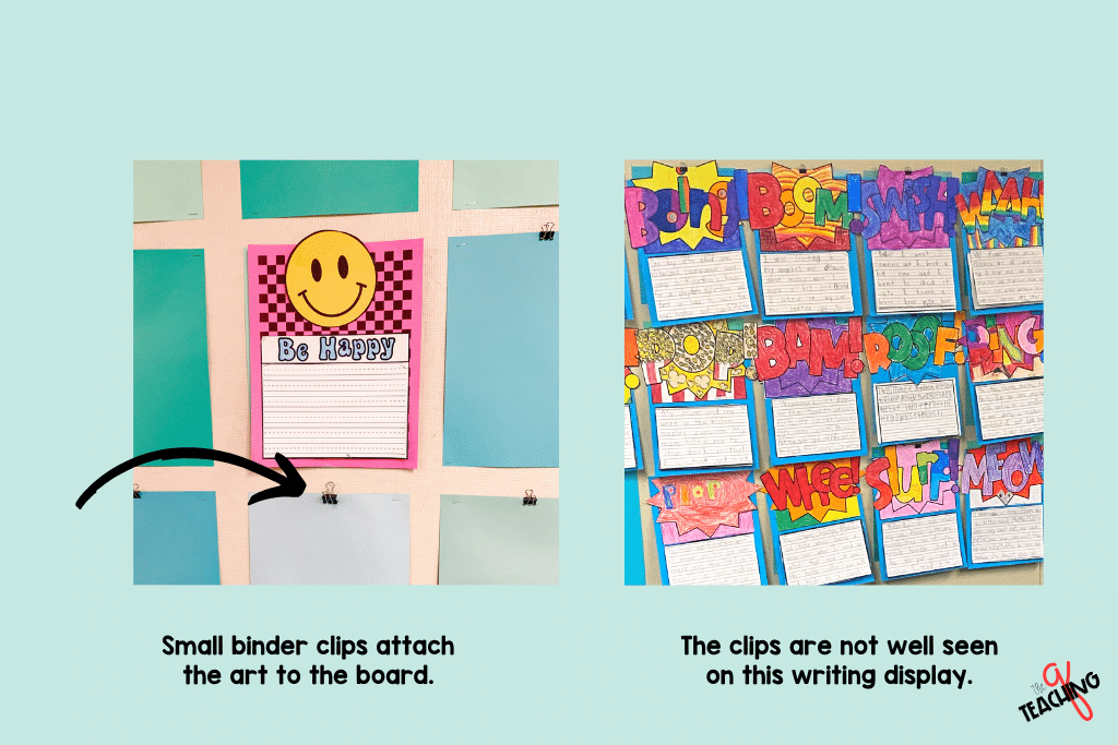The binder clip bulletin board is shown with a close up of the clips in use.