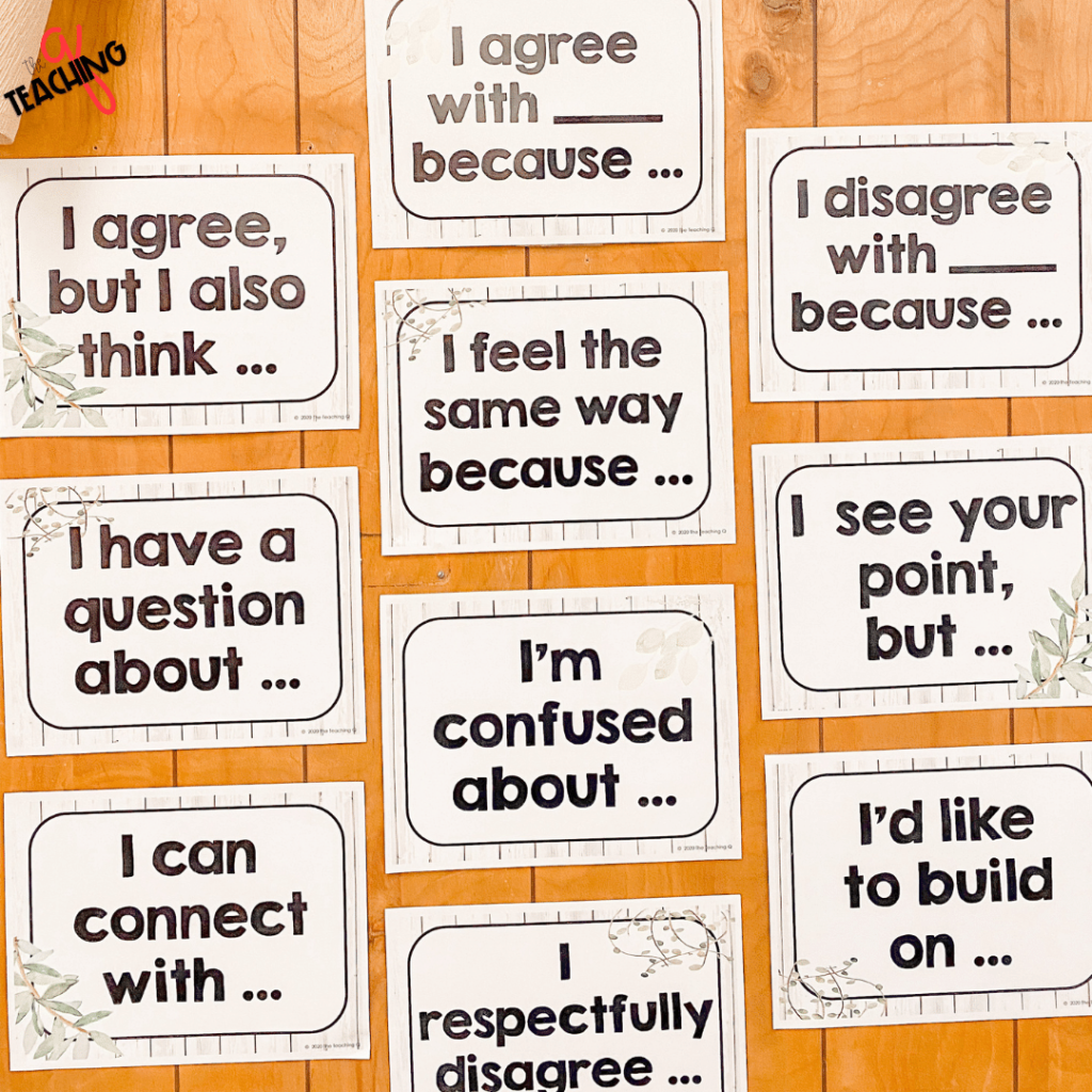 a picture of a classroom wall with accountable talk posters to support student communication.