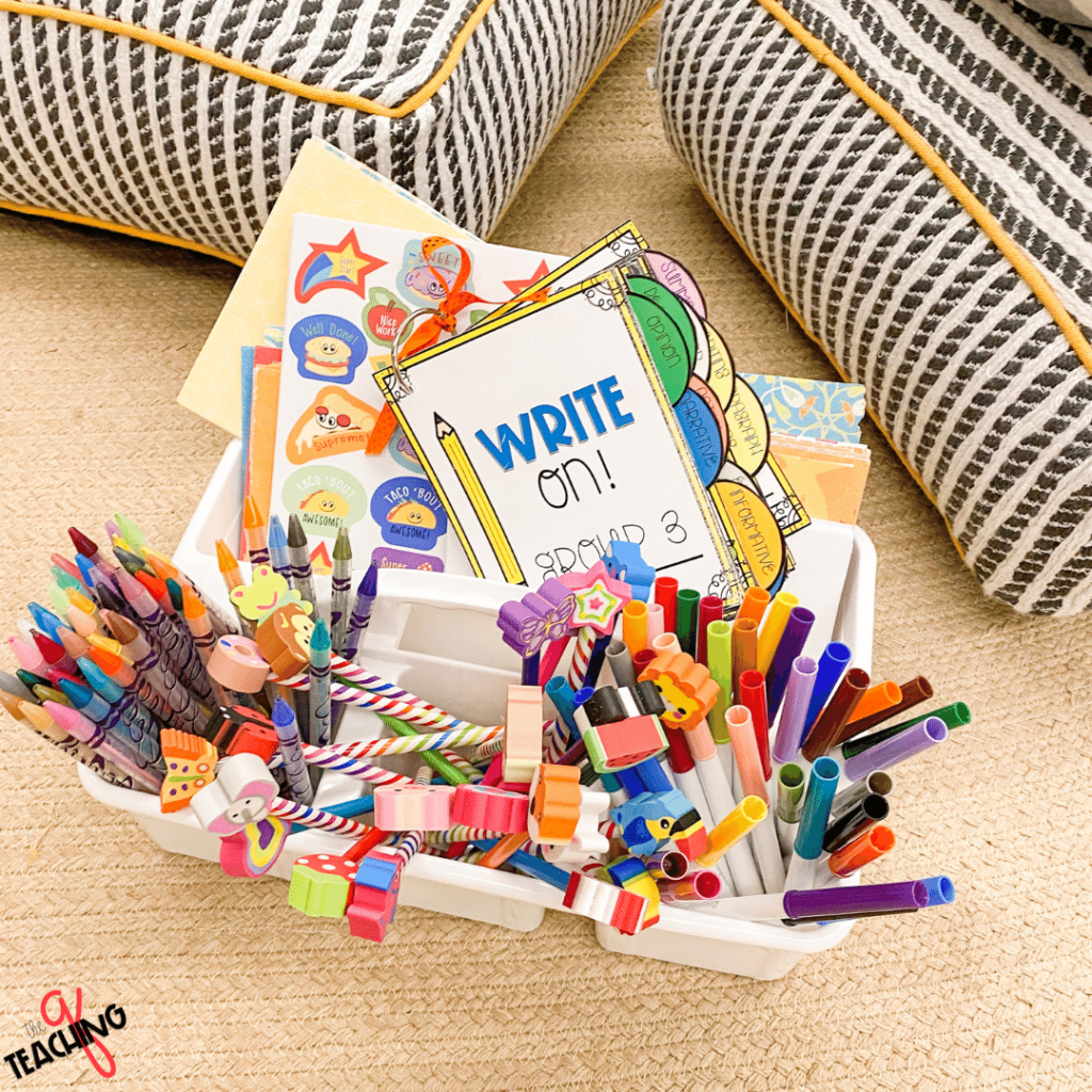 A small five dollar tub from Target creates a student writing center in a flash.