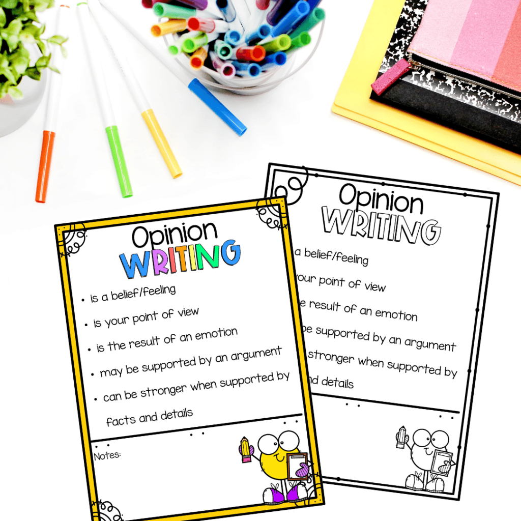 Opinion writing features are listed to support students.