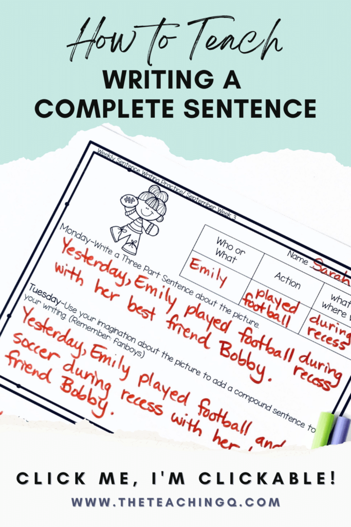 Student practice worksheets for sentence writing.