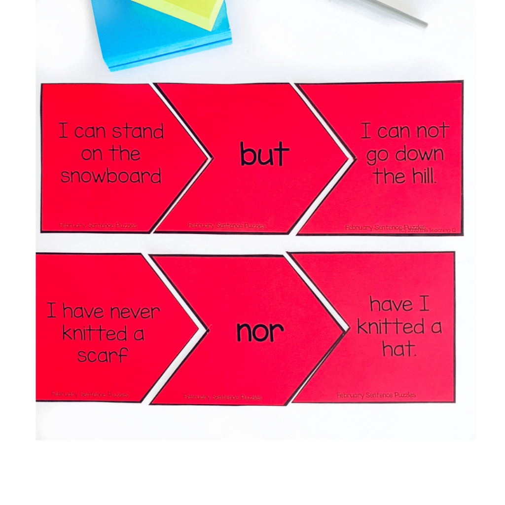 An image of the compound sentence puzzle activity. Student mix and match puzzle pieces to create unique compound sentences.