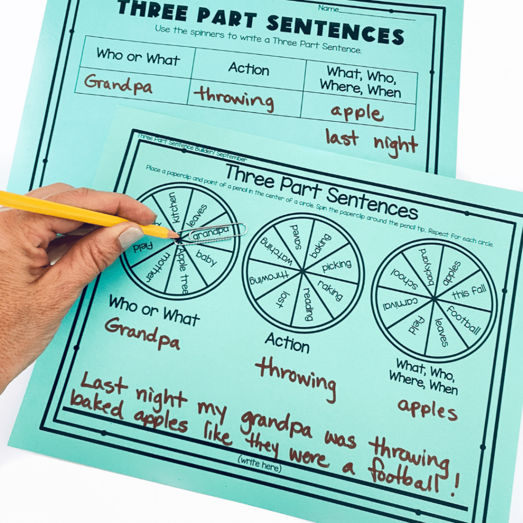 A picture of the Three-Part Sentence Activity. Students spin each "wheel" then create a sentence with the three parts.