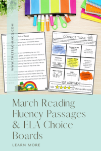 A pin on the blog post, March Reading Fluency and ELA Choice Board Activities.