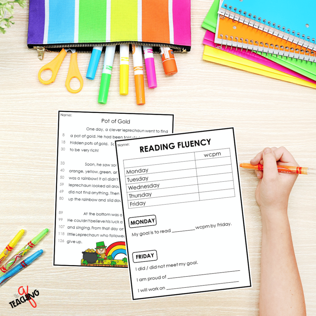 A photo of a March Reading Fluency Passage and reading tracker.