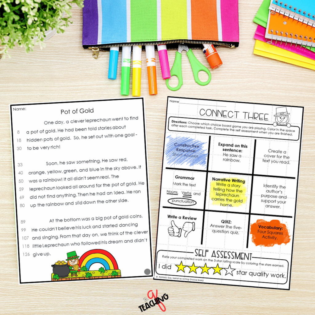 A photo of the St. Patrick's Day Reading Fluency Passage & Choice Board.