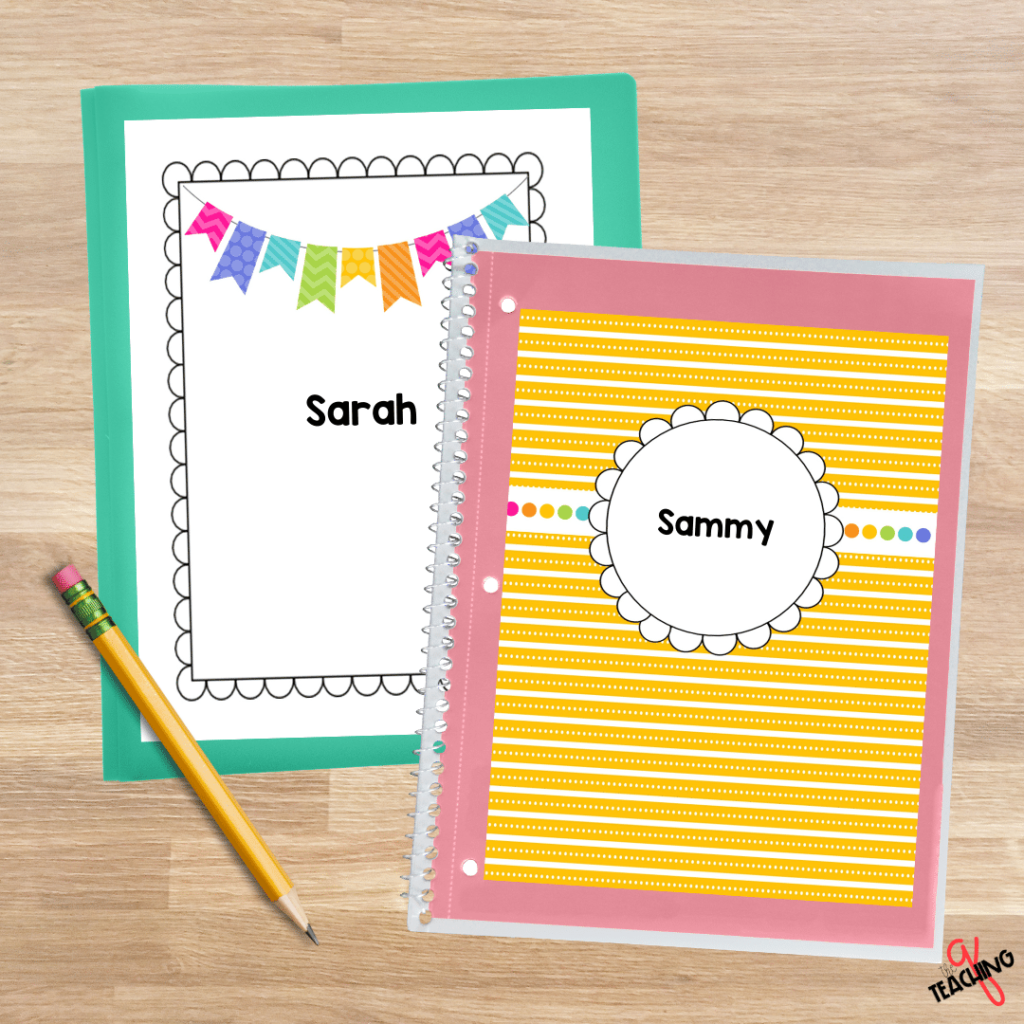 An image of student folders with personalized names.