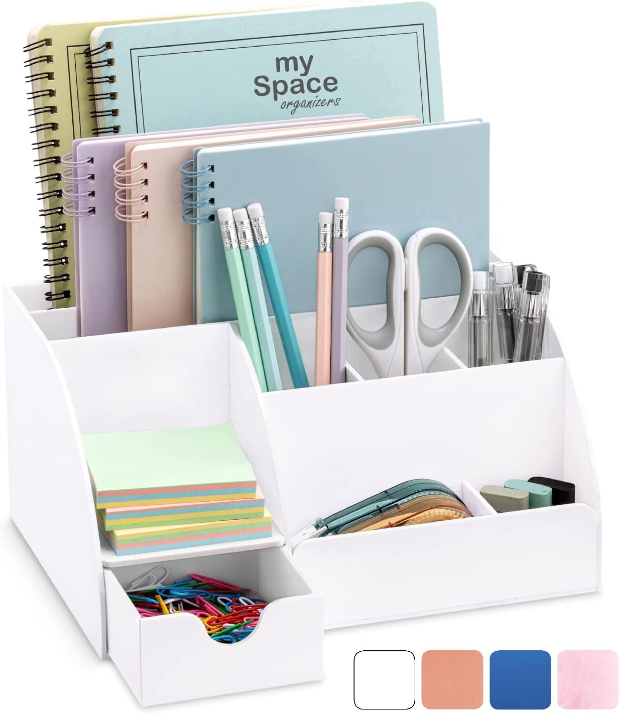 An image of a white teacher's desk organizer tohold all the things.