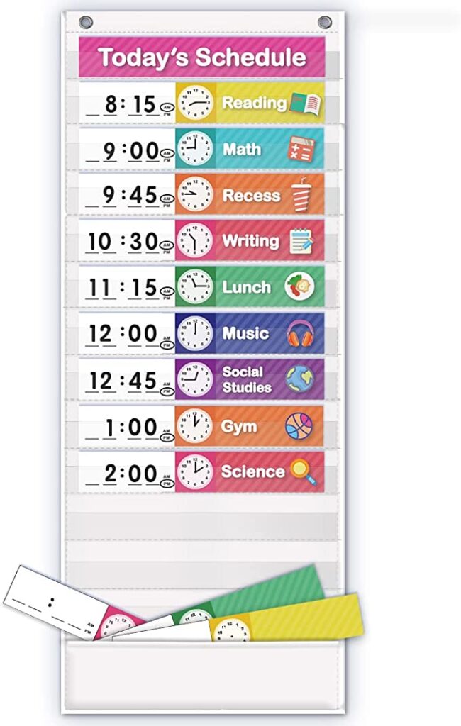 A photo of a long pocket chart used to hold the class schedule.