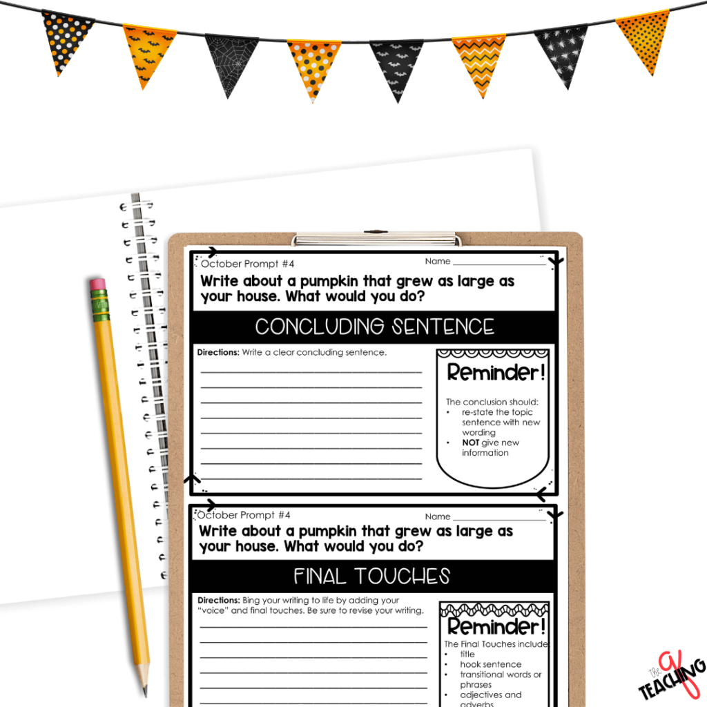 The October Paragraph Writing Activities are displayed on a classroom clipboard.