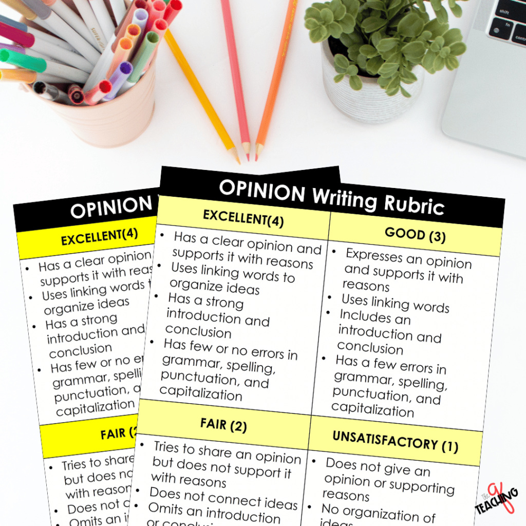 A photo of writing rubrics used to assess student writing.