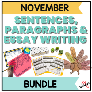 A photo of the November Sentences, Paragraphs, and Essay writing bundle.