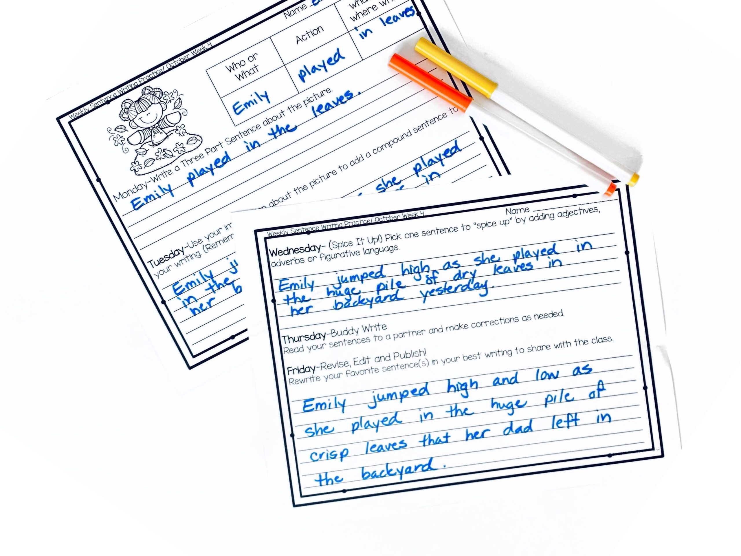 A photo of the sentence writing skills practice worksheet.