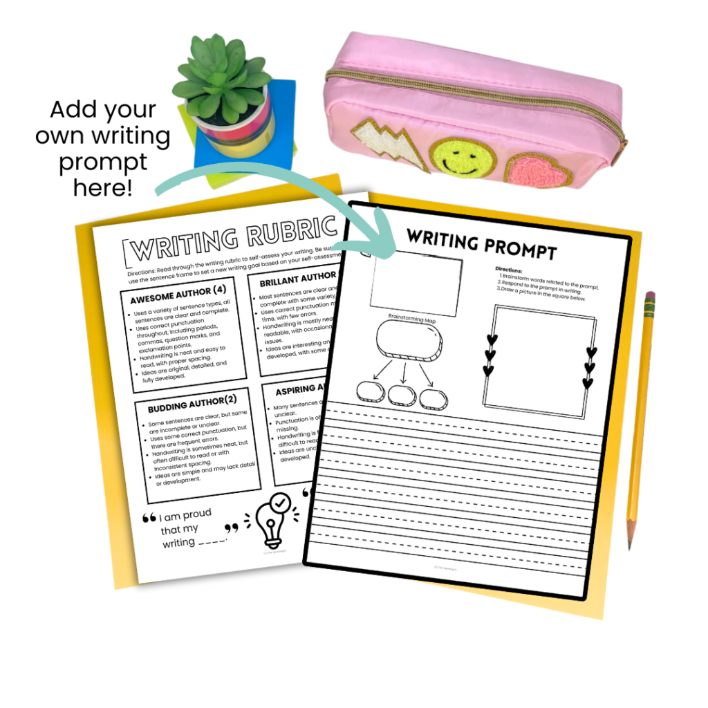 A sample image of a the printable monthly journal prompts and a writing rubric.