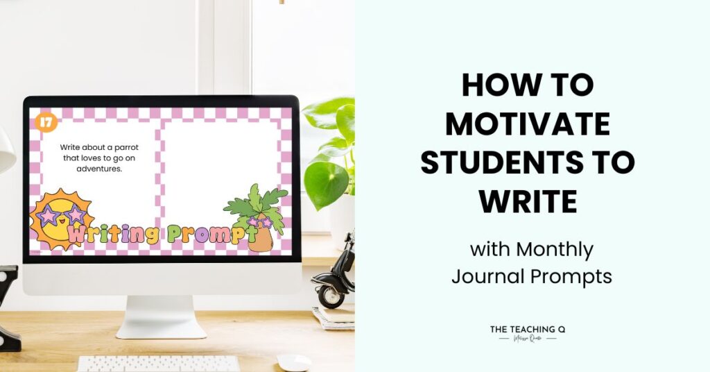 A cover image for a blog post about motivating student to write with monthly journal prompts.