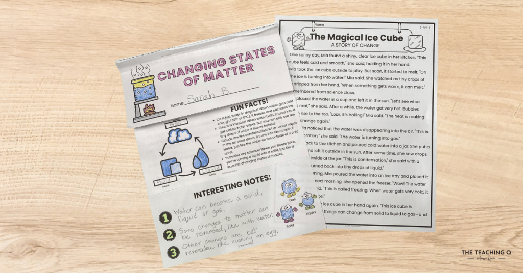 A photo of the reading and flipbook notes for the Changing States of Matter science lessons.