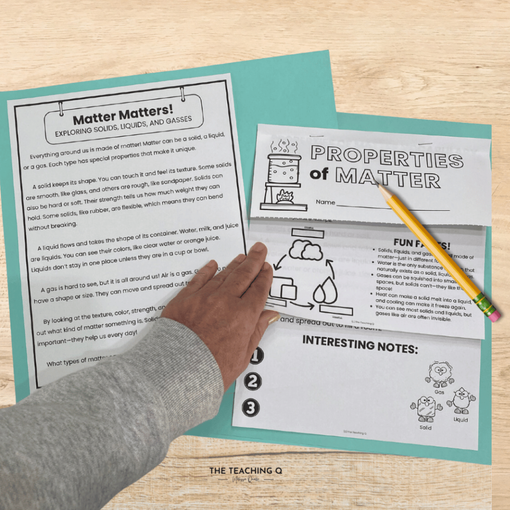 A demonstration photo of a Properties of Matter reading passage and note-taking flipbook.