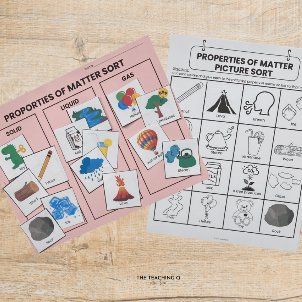 A photo of a Properties of Matter Sorting activity for 2nd grade students.