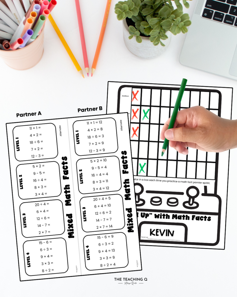 A photo of a math fact partner worksheet and tracker.