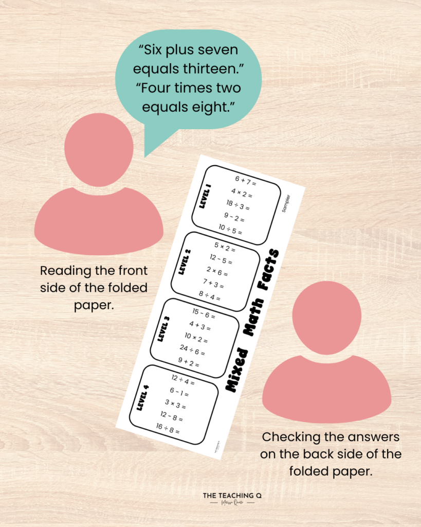 A graphic showing partners using the free math fact practice worksheet using mixed facts.