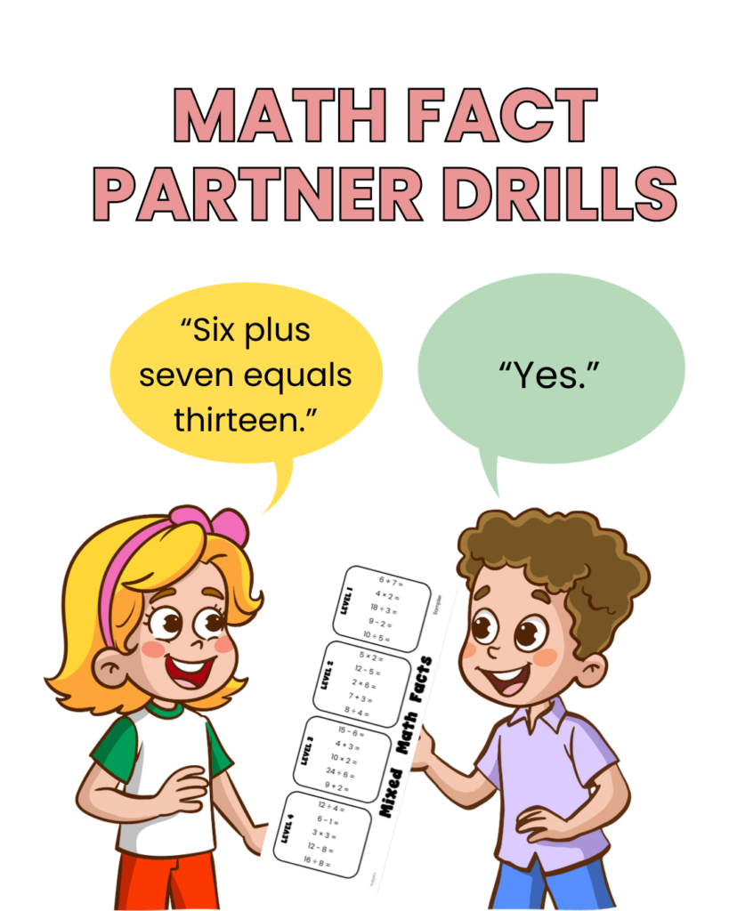 A cartoon showing two students using the math fact partner practice activity.