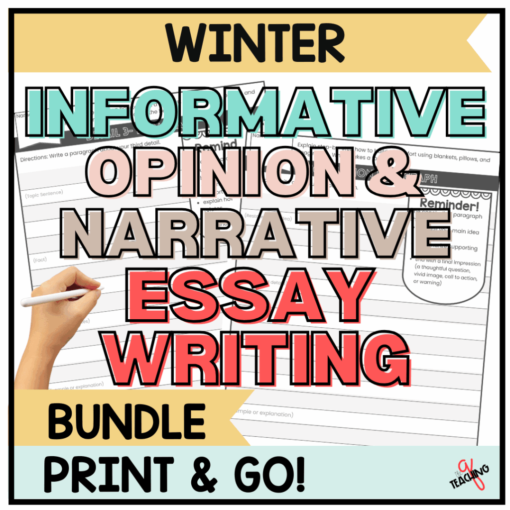 The cover of the Winter Essay Writing Bundle resource.